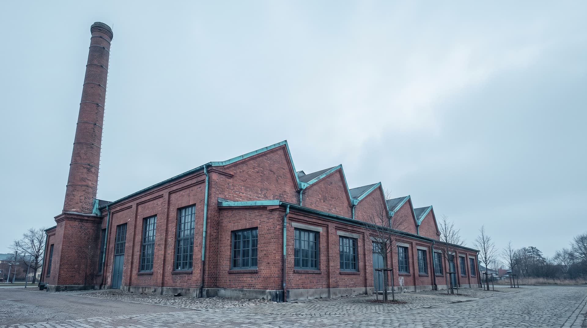 Backstein-Fabrikhalle mit Sheddach, Schornstein und patinierten Kupferkanten unter bedecktem Himmel