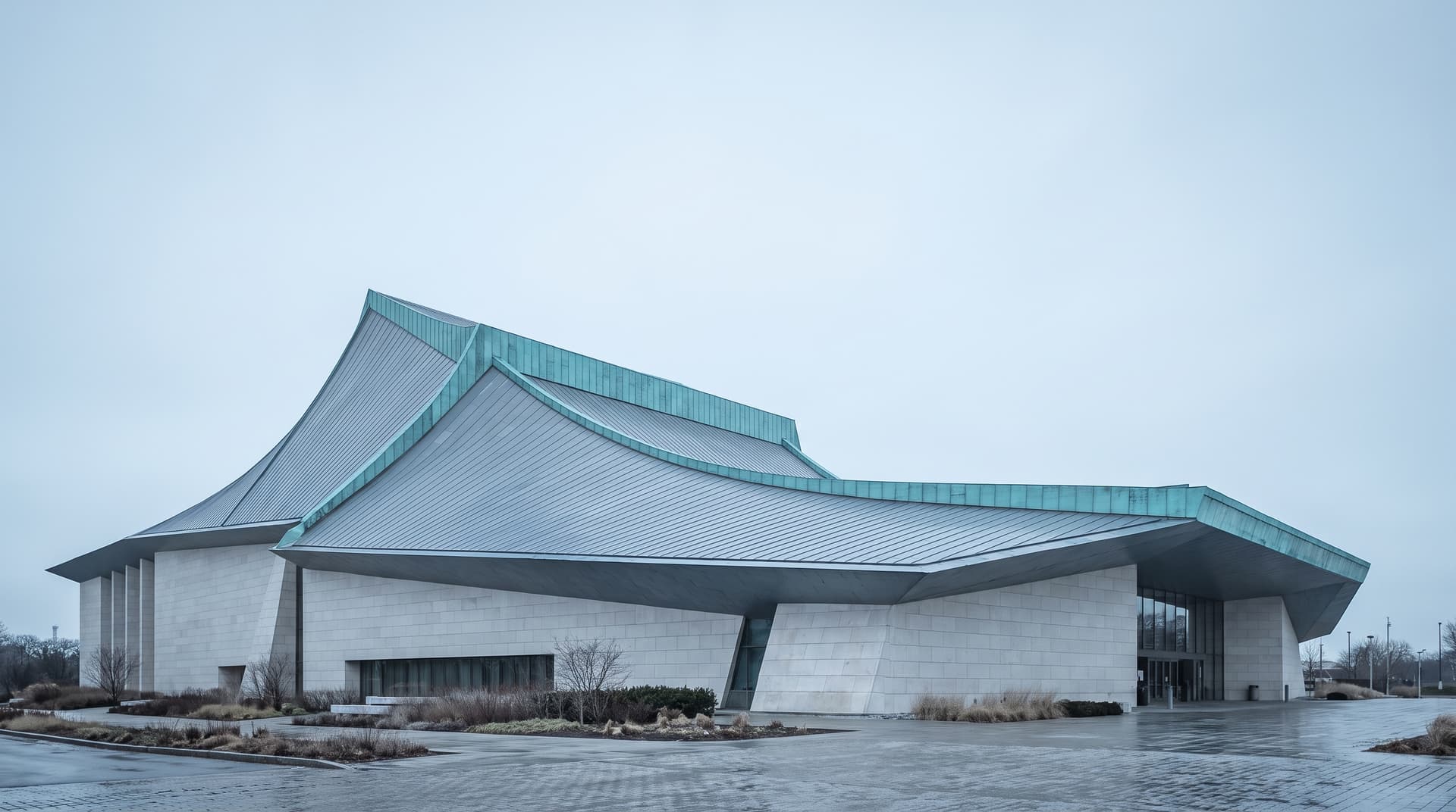 Modern concert hall with a sweeping roof and a verdigris copper roof edge under an overcast sky – a visual metaphor for AI dialogue systems