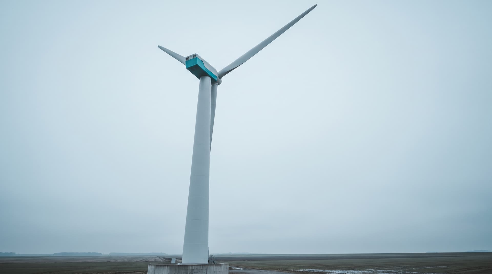 Windkraftanlage mit türkisfarbener Gondel vor bedecktem Himmel, vom Turmfuß aus fotografiert