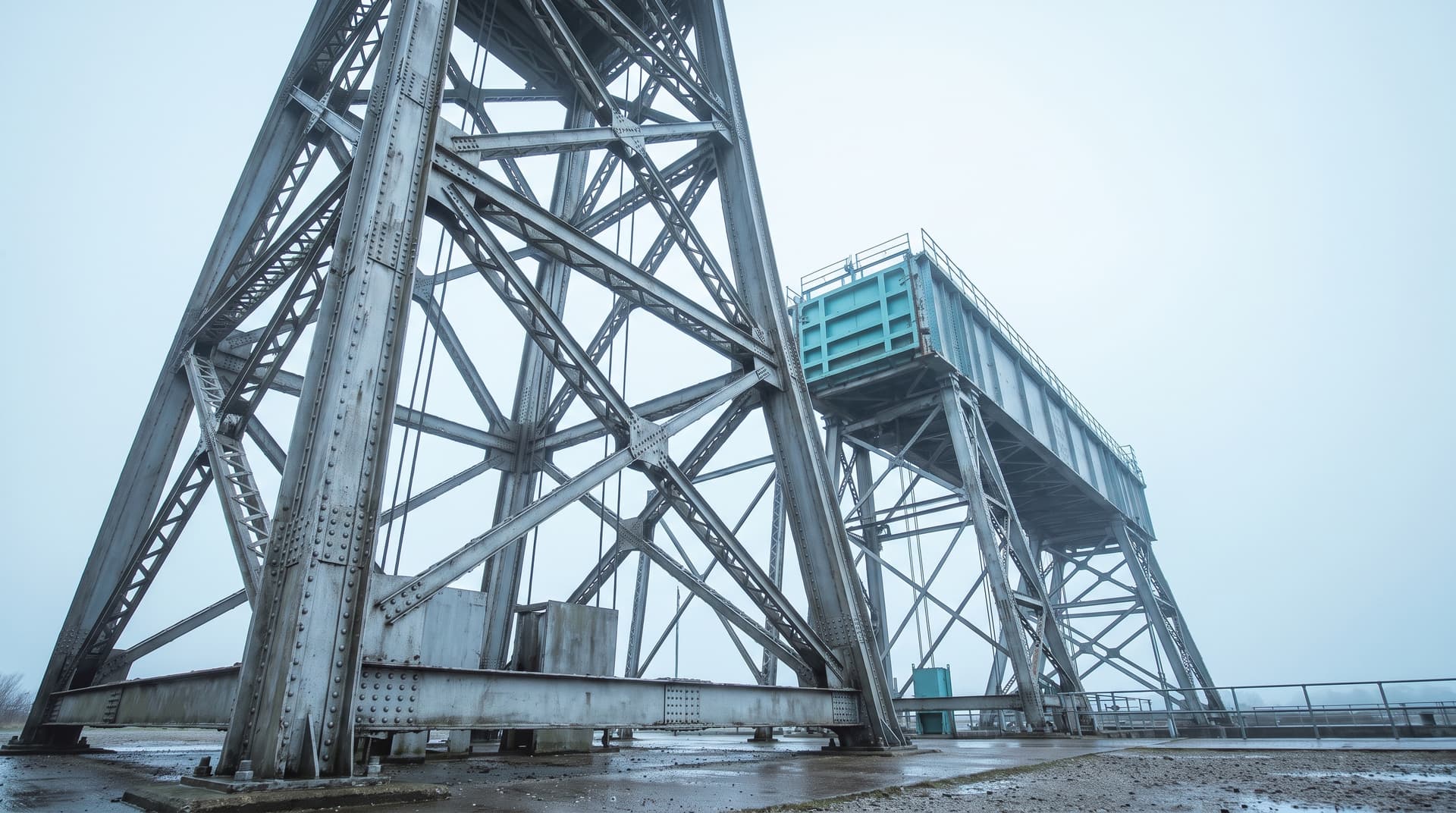 Ascenseur à bateaux en acier vu d’en bas sous un ciel couvert, la porte levante du bac peinte en bleu-vert – symbole de processus qui tournent de façon fiable et automatique