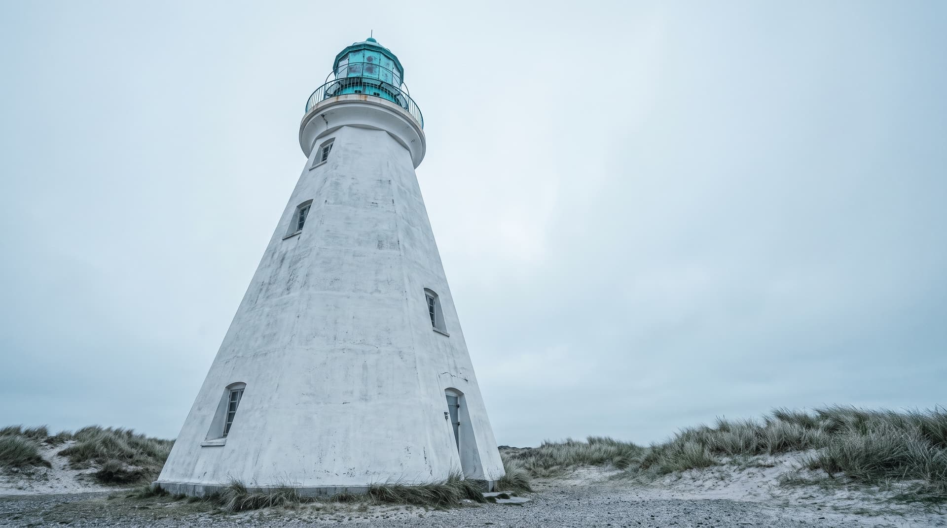 White lighthouse in the North Sea dunes photographed from below, lantern room with a green patinated copper cap