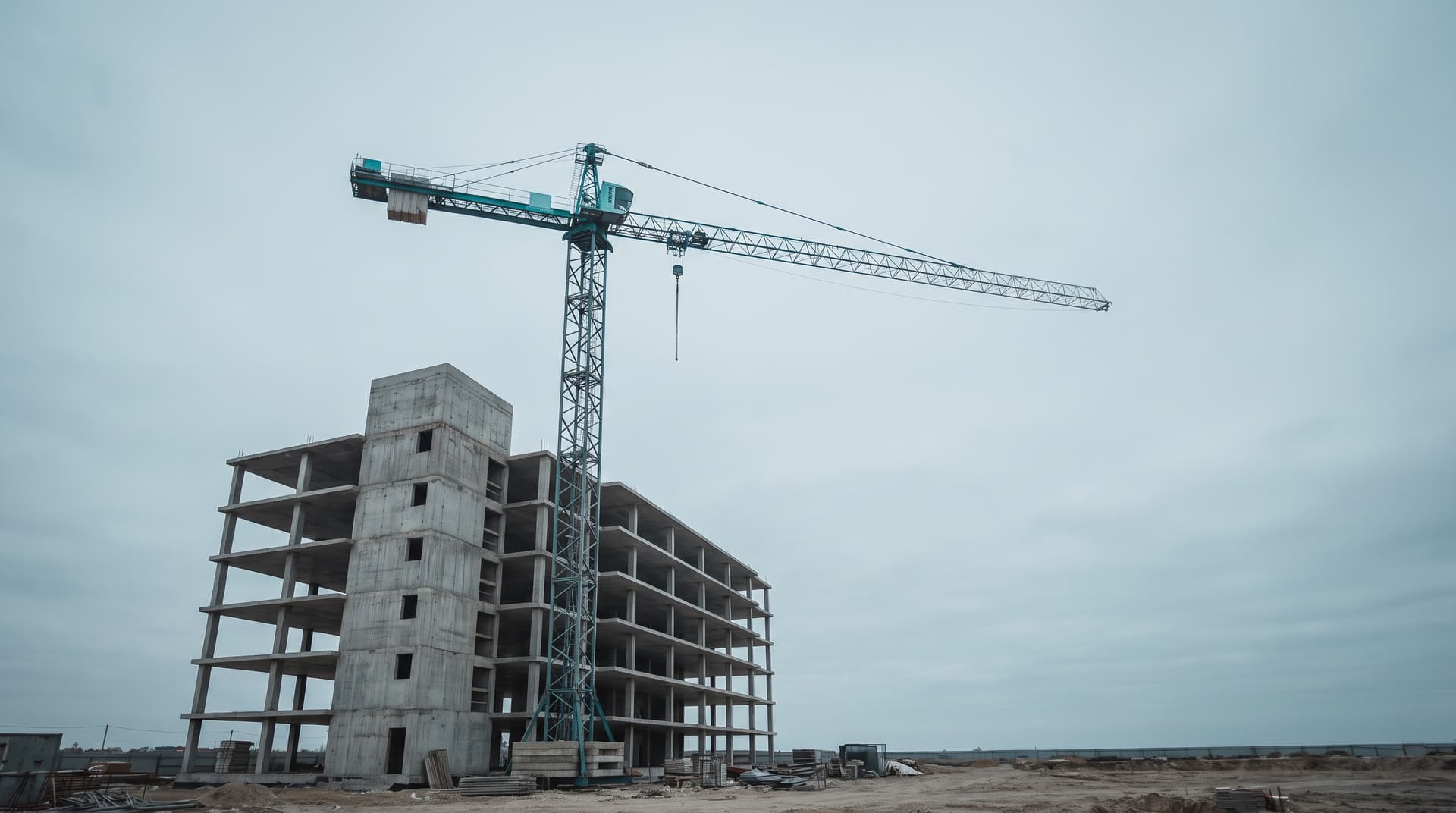 Concrete building shell next to a tower crane with a teal cab under an overcast sky, photographed from below
