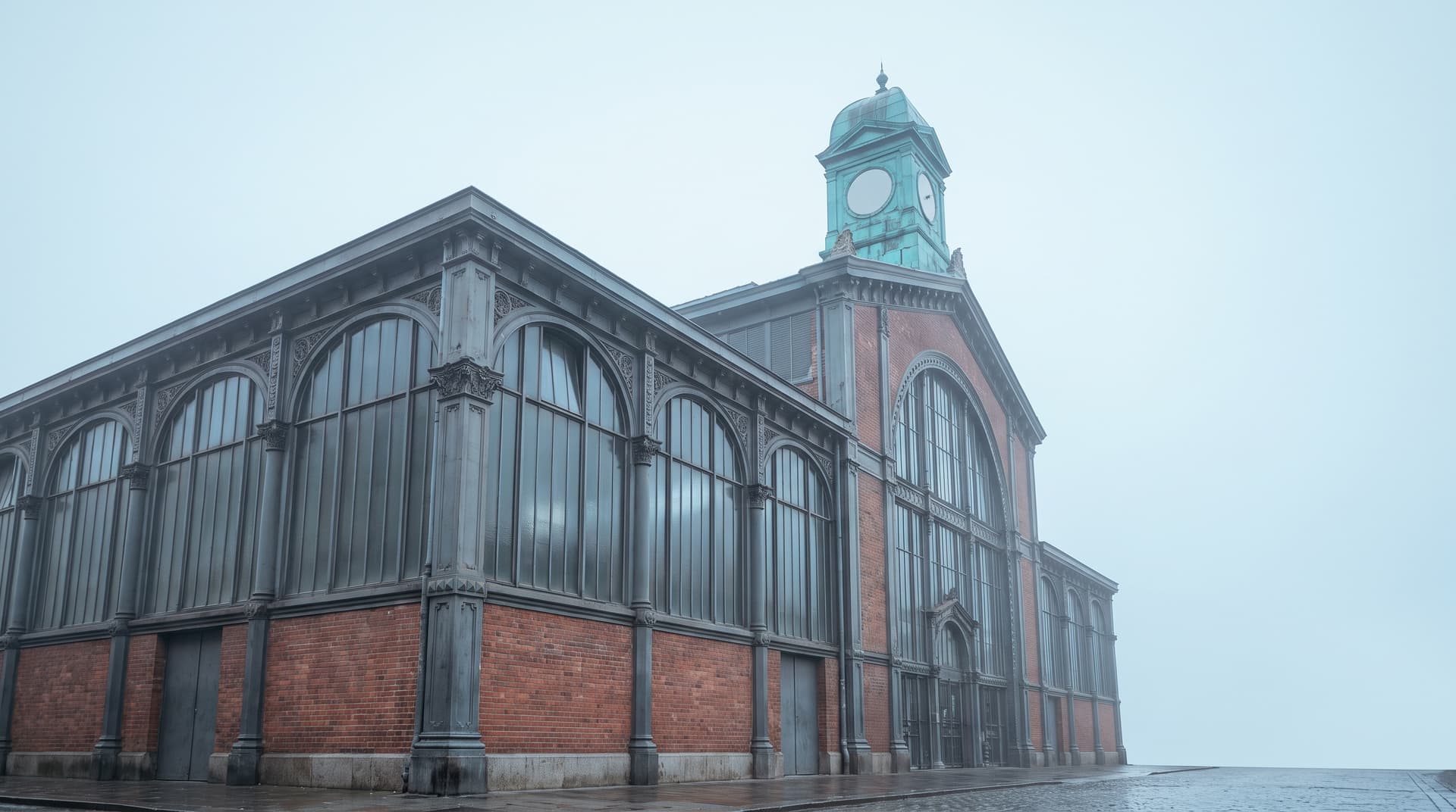 Historische Markthalle aus Eisen und Backstein mit kupfergrünem Uhrentürmchen unter bedecktem Himmel – Sinnbild für transparente KI-Kosten