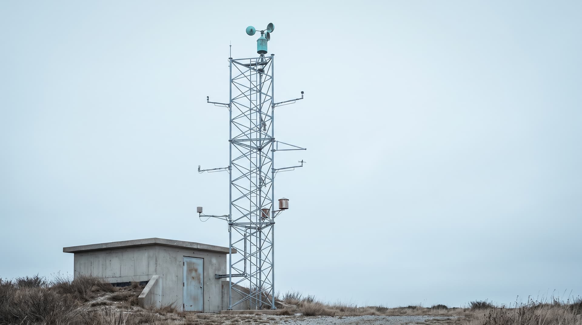 Mât de mesure météorologique avec instruments et anémomètre en cuivre patiné vert-de-gris près d’un petit local en béton sous un ciel couvert – image d’une évaluation de faisabilité