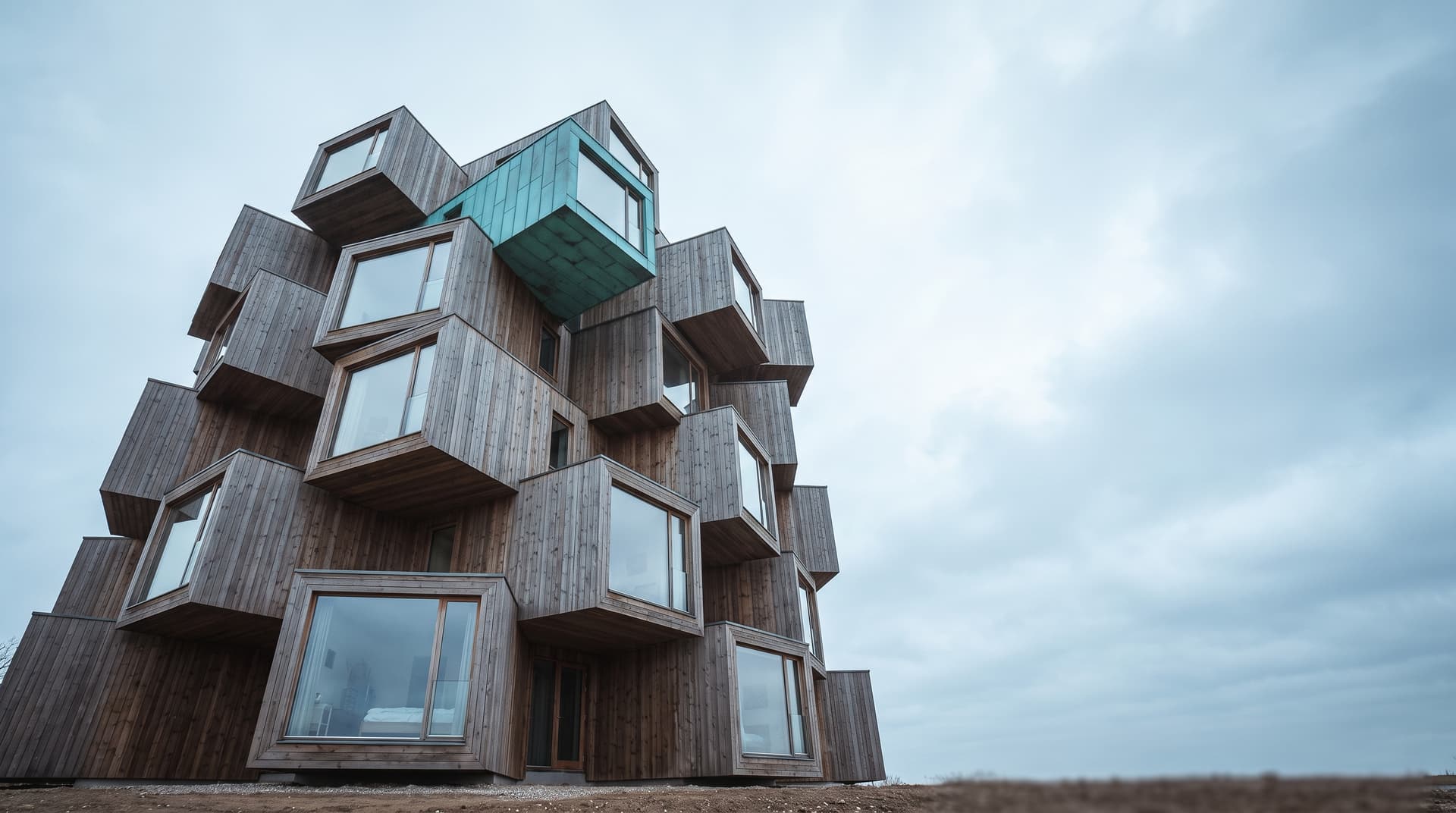 Edificio residenziale sperimentale fatto di moduli in legno impilati e sfalsati, visto dal basso, con un modulo rivestito in rame patinato – simbolo di un prodotto che cresce un blocco alla volta