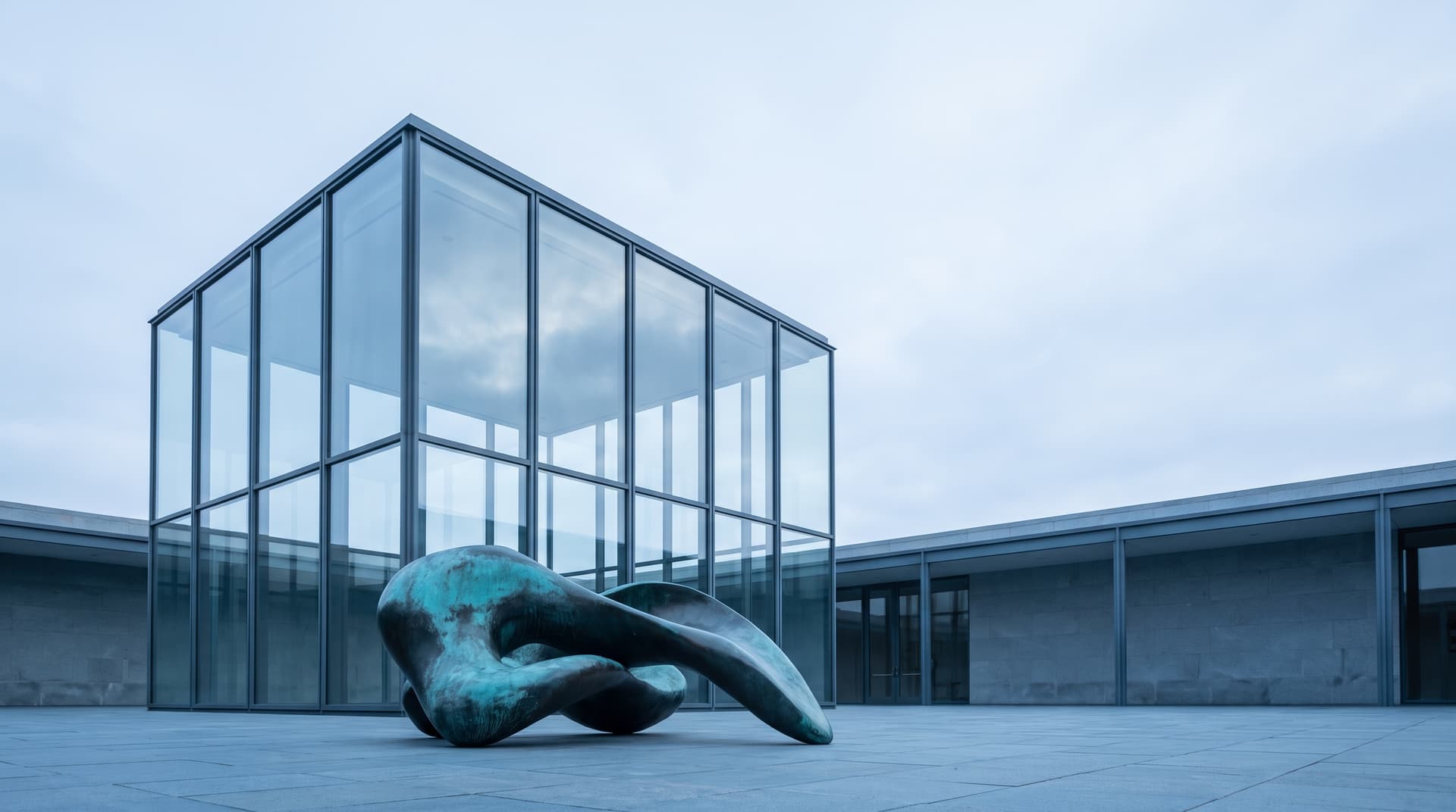 Gläserner Pavillon und abstrakte Bronzeskulptur mit türkiser Patina in einem Museumshof, von unten fotografiert