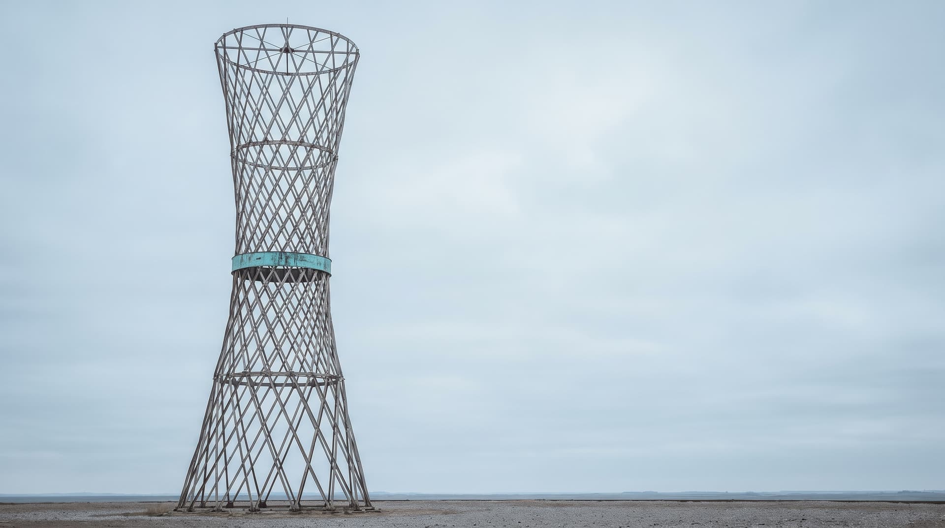 Torre iperboloide a traliccio d’acciaio con un anello in rame dalla patina verde sotto un cielo coperto