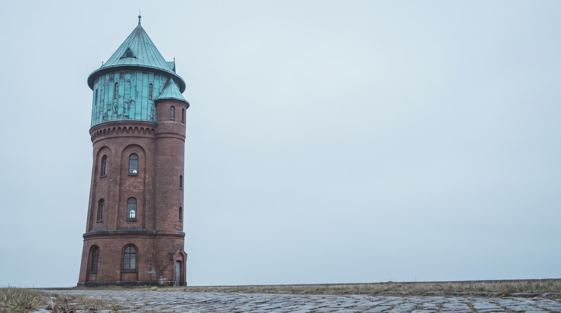 Backstein-Wasserturm mit kupfergrünem Turmdach unter bedecktem Himmel – Sinnbild für solide KI-Entwicklung