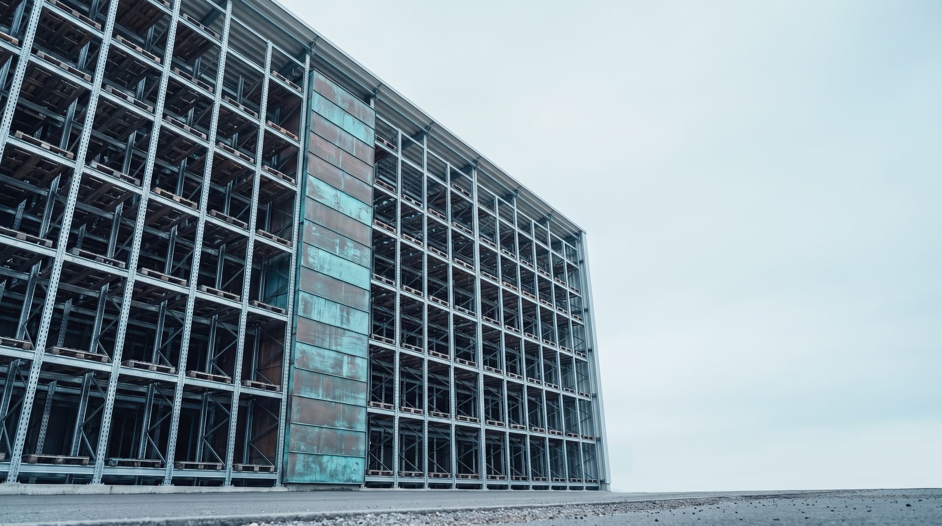 High-bay warehouse with an open steel rack facade and one rack column in green-patinated copper, photographed from below