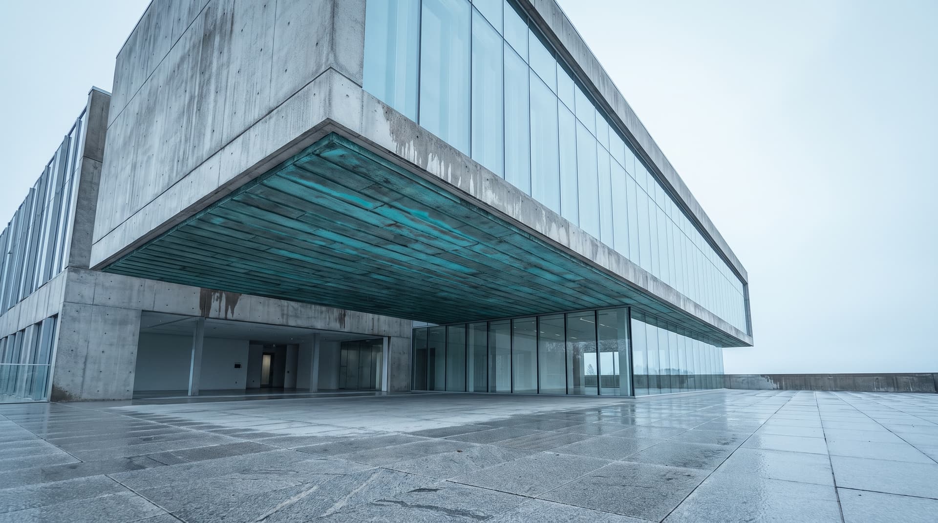 Modern research building with a far-cantilevered upper floor clad underneath in verdigris copper, seen from below under an overcast sky